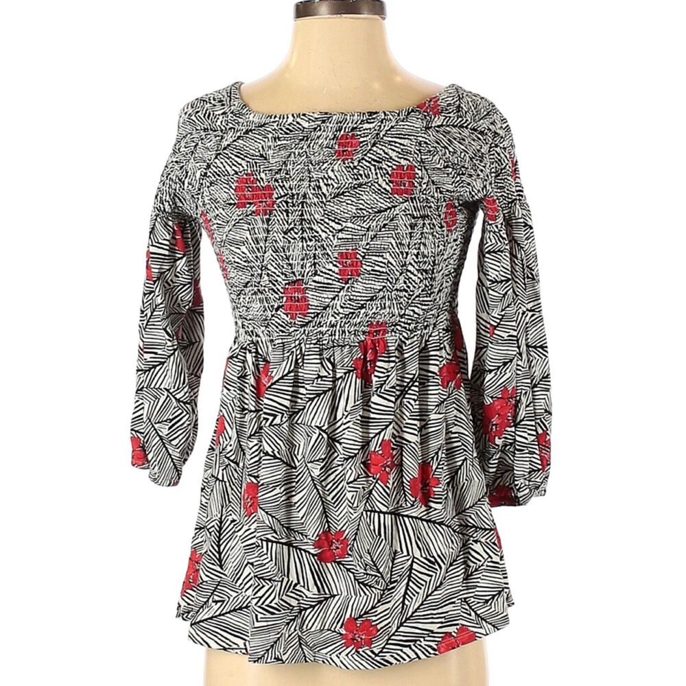 J Jill Top Size Medium Floral Smock Blouse Black White Red Flowers Floral